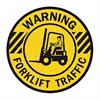 round yellow and black sign with cartoon forklift and text reading 'warning - forklift traffic'