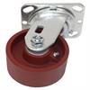 Angled bottom view of swivel caster with red wheel