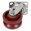 Angled bottom view of swivel caster with grooved red wheel