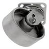 Angled bottom view of swivel caster with silver wheel