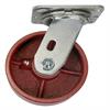 Side view of swivel caster with red wheel