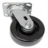 Angled side view of swivel caster with black wheel
