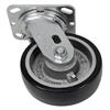 Angled bottom view of swivel caster with black and silver wheel