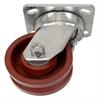 Angled bottom view of swivel caster with red wheel