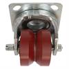 Angled front view of swivel caster with grooved red wheel