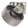 Angled bottom view of swivel caster with silver wheel