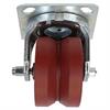 Angled front view of swivel caster with grooved red wheel
