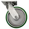 Side view of swivel caster with green and silver wheel