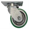 Side view of swivel caster with green and silver wheel