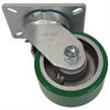 Angled bottom view of swivel caster with green and silver wheel