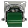Angled front view of swivel caster with green wheel face
