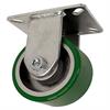 Angled side view of rigid caster with green and silver wheel