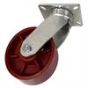Angled side view of swivel caster with red wheel