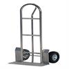Side view of stainless steel hand truck. 