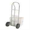 Rear view of galvanized steel hand truck loaded with boxes.