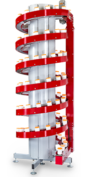 red spiral conveyor moving orange and white canisters