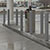 Gray bollards in a banking drive-through