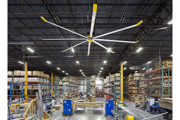 HVLS fan from Big Ass Fans in a warehouse with pallet racks