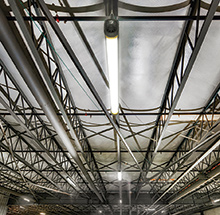 Bright LED lights in a warehouse ceiling structure
