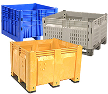 Blue, gray and yellow pallet containers