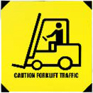 sign graphic of a black forklift silhouette on a yellow background with Caution Forklift Traffic lettering