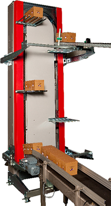 Automated package lift moving boxes from a belt conveyor