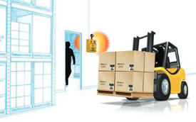 Pedestrian in a warehouse doorway with a sensor signaling a passing forklift