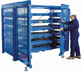 Man folding the door on a roll-out sheet metal rack