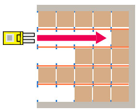 Plan view of forklift approaching drive-in pallet rack lane with arrow showing direction
