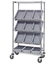 Mobile Slanted Wire Shelving - 36"L x 18"W x 63"H with Twelve 16-1/2" x 10-7/8" x 3-1/2" bins