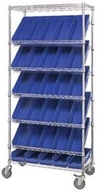 Mobile Slanted Wire Shelving - 36"L x 18"W x 74"H with Thirty 17-7/8" x 6-5/8" x 4" bins