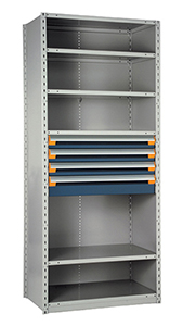 Steel Shelving, 87h x 42w x 18d, w/ 18"h, 4-drawer unit, 6 shelves