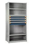 Steel Shelving, 75h x 48w x 18d, w/ 18"h, 4-drawer unit, 5 shelves