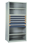Steel Shelving, 75h x 36w x 24d, w/ 24"h, 5-drawer unit, 5 shelves