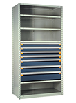 Steel Shelving, 75h x 36w x 18d, w/ 36"h, 7-drawer unit, 5 shelves
