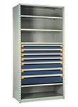 Steel Shelving, 87h x 36w x 18d, w/ 36"h, 7-drawer unit, 6 shelves