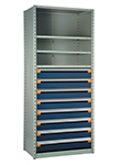Steel Shelving, 75h x 36w x 18d, w/ 48"h, 8-drawer unit, 4 shelves