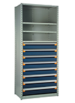 Steel Shelving, 75h x 36w x 18d, w/ 48"h, 9-drawer unit, 4 shelves