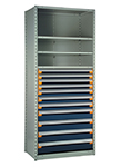 Steel Shelving, 75h x 42w x 24d, w/ 48"h, 11-drawer unit, 4 shelves