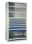 Steel Shelving, 75h x 42w x 18d, w/ 48"h, 7-drawer unit, 4 shelves