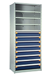 Steel Shelving, 87h x 36w x 18d, w/ 48"h, 8-drawer unit, 5 shelves