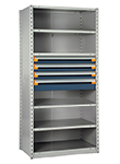 Steel Shelving, 87h x 48w x 18d, w/ 18"h, 4-drawer unit, 6 shelves