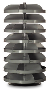 Rotabin Shelving, 34" dia x 65-3/4"h, 8 shelves, 40 compartments