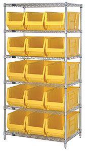 Wire Shelving Bin System with 6 shelves & 15 Jumbo Bins - 30"d x 36"w x 74"h