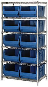 Wire Shelving Bin System with 6 shelves & 10 Jumbo Bins - 30"d x 36"w x 74"h