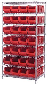 Wire Shelving Bin System with 8 shelves & 28 Jumbo Bins - 30"d x 36"w x 74"h