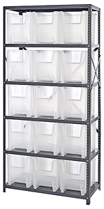 Steel Shelving w/ 6 Shelves, 15 Clear View 17-1/2" x 10-7/8" x 12-1/2" Bins