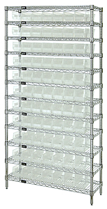 Wire Shelving w/ 12 Shelves & 77 Clear View 17-7/8" x 4-1/8" x 4" Bins