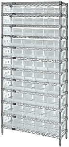 Wire Shelving w/ 12 Shelves & 55 Clear View 23-5/8" x 6-5/8" x 4" Bins