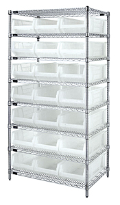 Chrome Wire Shelving w/ 8 Shelves & 21 Clear View 23-7/8" x 11" x 7" Bins
